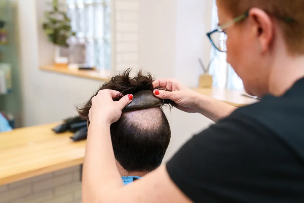 Process photo of fitting a hair system on a man.